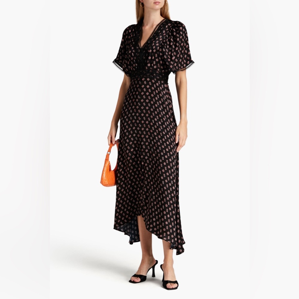 NWT $595 Maje Lace-trimmed Logo-print Silk Midi Dress In Black